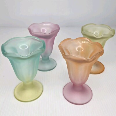 Vintage Libbey Ka-Dinks Glasses Frosted Parfait Ice Cream Sundae Footed Set of 4