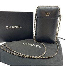 Authentic CHANEL Chain Around Phone Holder Shoulder Bag Black Leather 36635125