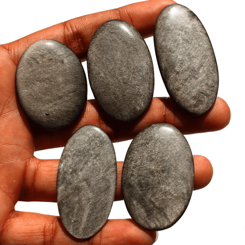 5 Pcs Natural Silver Sheen Obsidian Top Quality 39-50mm Oval Cabochon Gemstones - Picture 3 of 12