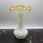 Vintage Fenton 8" Gold Crest Milk Glass Ruffle Vase White Yellow
