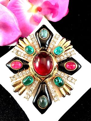 RARE CINER JEWELS OF INDIA RUBY EMERALD GRIPOIX CABOCHON MALTESE CROSS BROOCH