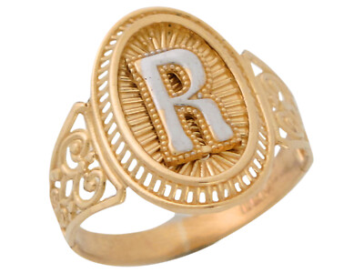 10k oder 14k bicolor Gold Buchstabe R filigran Band strahlend Damen oval Initialen Ring