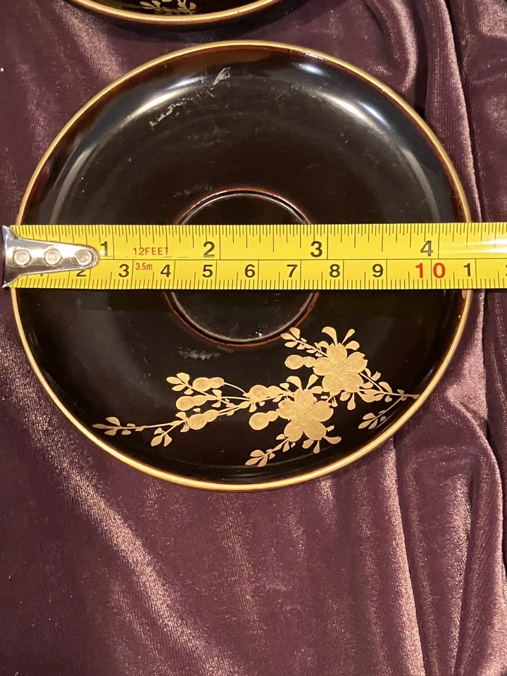 Vintage Japanese LACQUERED WOOD CUP & SAUCER SET 6 (2 cups missing handles - Image 2 of 4