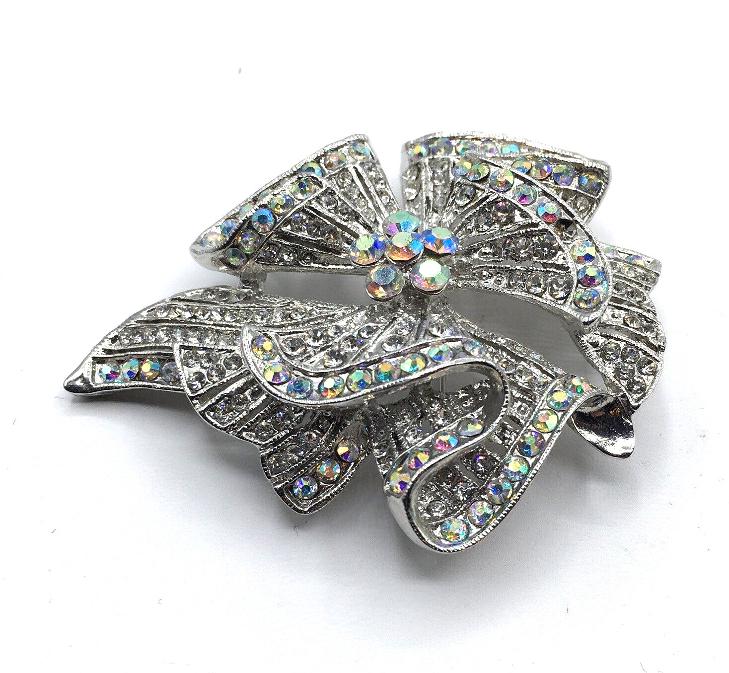 Large Scroll Ribbon Waterfall Silver Tone Clear R… - image 4