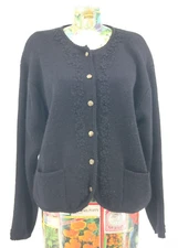 Vtg Tally Ho Button Up Cardigan Sweater Black Gold Size L Shoulder Pads Acrylic