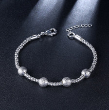 Womens 925 Sterling Silver Frosted Bead Ball Link Chain Bracelet BR393