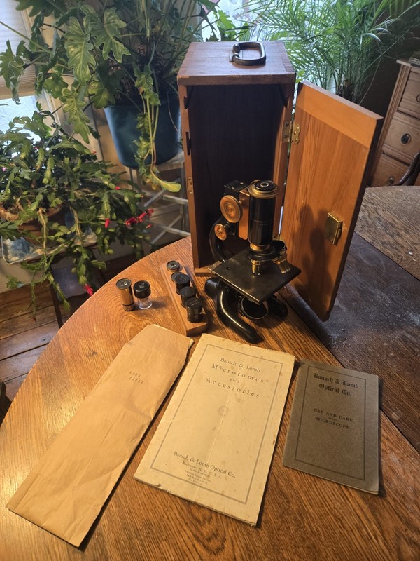 Bausch & Lomb Antique Brass Microscope  Pat. 1915 With Accessories