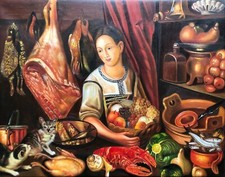 30x24″ Old World Kitchen Scene Oil Painting – Woman, Cat, Meat & Grand Banquet