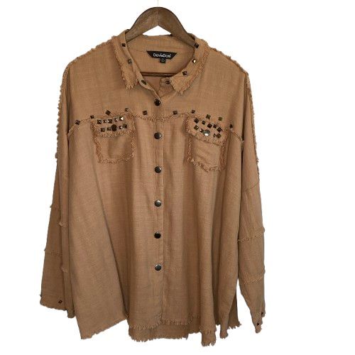 Davi & Dani Womens Oversized Studded Frayed Long Sleeve Boho Shirt 1XL