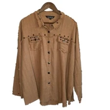 Davi & Dani Womens Oversized Studded Frayed Shirt Size 1XL Tan Edgy Boho Western