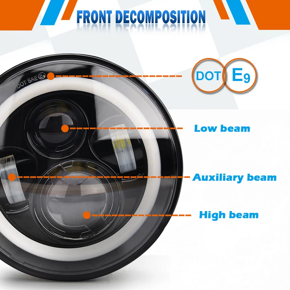 Faros Halo LED Redondos 2 piezas 7" Hi-Lo para Ford B-100 F-250 F-350 Mustang Foto 4 de 4