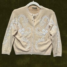 RARE TRUE VINTAGE 1950s Hand Beaded Cardigan Hong Kong Cream Pearl M/L