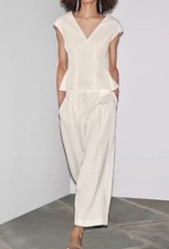 Zara Woman Co Ord Set 100% Linen Wide Leg Cropped Trousers S Pleated Top M $158