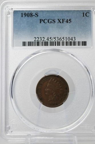 1908 S 1c Indian Head Cent PCGS XF45