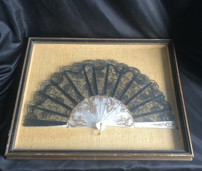 Large Black Lace Hand Fan Framed Wall Art White Stays Ornate Vintage