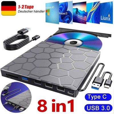 8 IN 1 USB 3.0 Externes CD/DVD Laufwerk Brenner Player mit Type C für Laptop PC