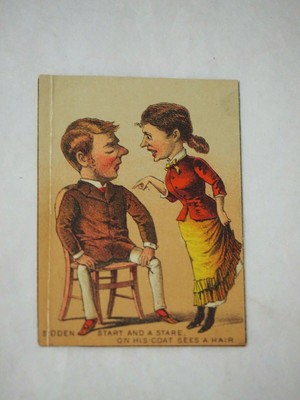 Victorian Trade humor Card -Start and stare hair on his Coat