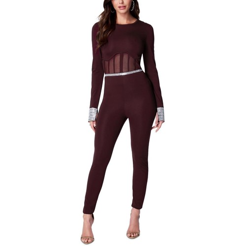 Bebe Womens Red Corset Seamed Embellished Mesh Jumpsuit XL BHFO 6382