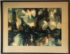 VINTAGE MID CENTURY MODERN ABSTRACT LANDSCAPE WATERCOLOR PAINTING OLD WPA WILSON