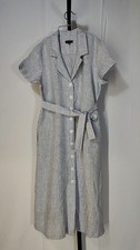 Quince 100% European Linen Button Front Dress Blue Pinstripe Basic Sleeved S