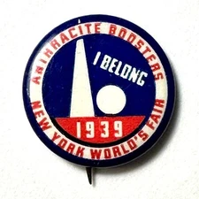 1939 New York Worlds Fair Anthracite Boosters I Belong 0.75" Celluloid Pinback