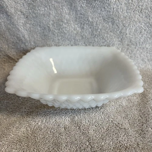 Vintage Anchor Hocking Milk Glass Square Snack/Candy Dish w/Hobnail Pattern 6.5”