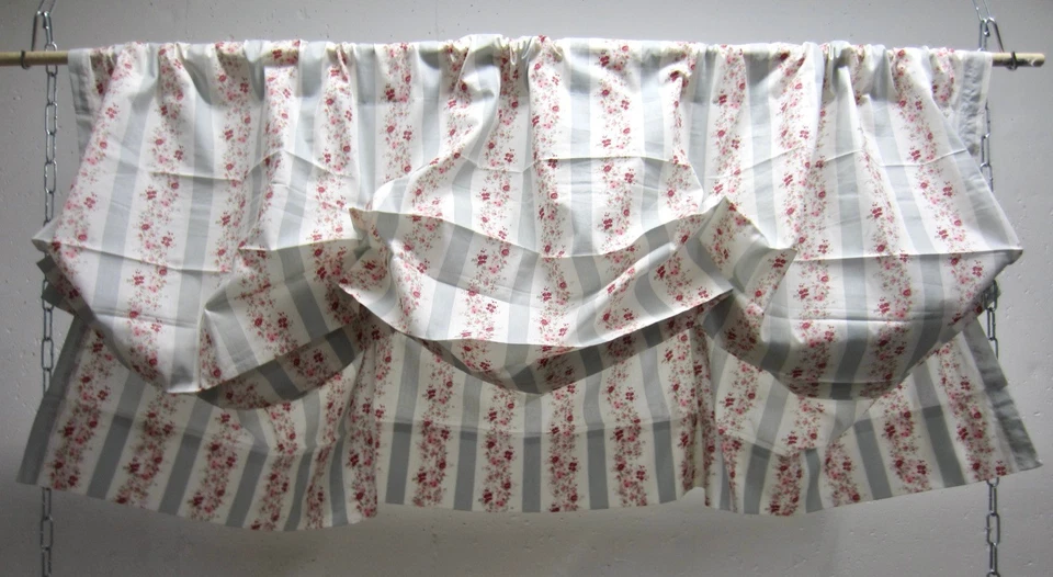 Set/3 SIMPLY SHABBY CHIC Blue Floral Stripe Balloon Cotton Roman Shades 58" W - Image 3 of 4