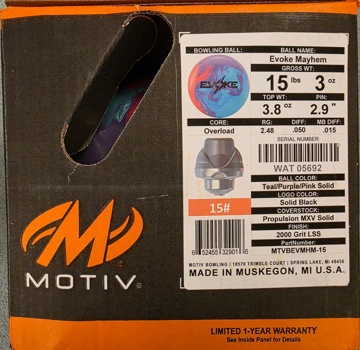 15 lbs Motiv EVOKE MAYHEM bowling ball (Top: 3.8 oz, Pin: 2.9
