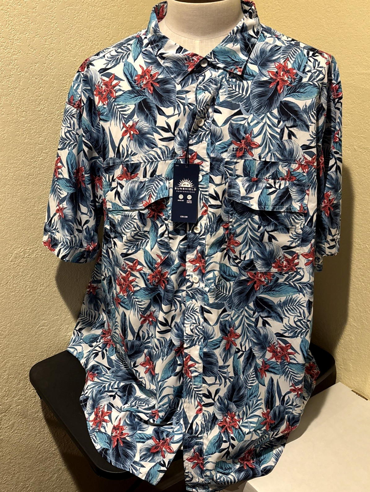 IZOD Saltwater Shirt Mens 3XLT Blue Floral Sun Shield UPF 45 Quick Dry Stretch