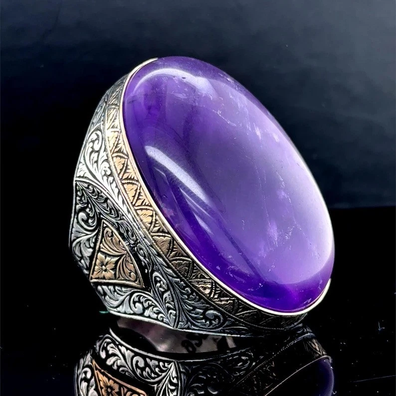Anillo grande de piedras preciosas de amatista natural grabado en plata 925 para hombre Foto 4 de 4