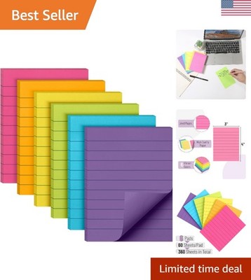 Lined Sticky Notes - 3x4, 6 Pads, 60 Sheets/Pad, Vibrant Colors