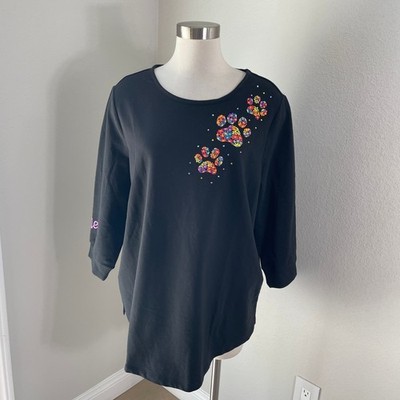 NEW Quacker Factory Womens Plus 1X Cat Paw Embroidered Tunic Top Black Shirt