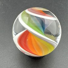 Contemporary Handmade Art Glass Marble 1" Rainbow  White Cane Twist Swirl MIB