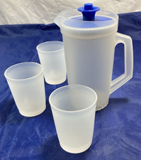 Vintage Tupperware Toys Mini Pitcher Blue Lid  3 Plastic Drinking Glasses
