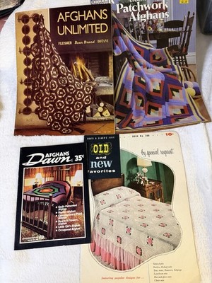 vintage Crochet Afghan Pattern Book Lot 4 Blanket Throw Yarn Instructions Retro