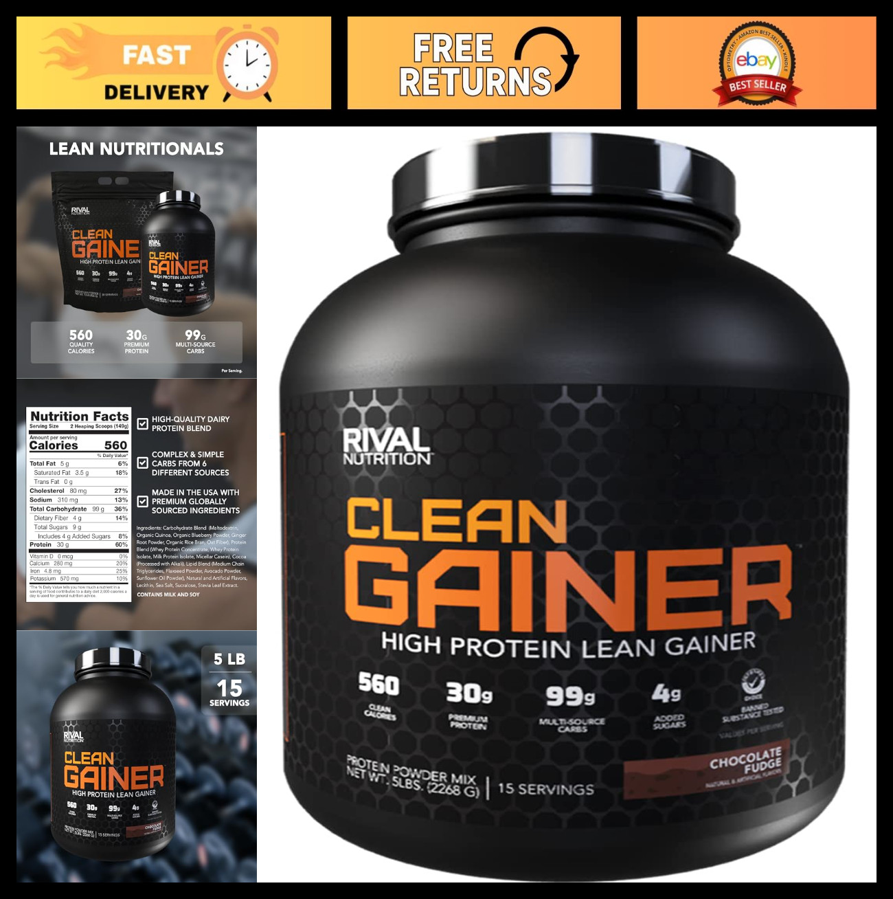 High-Protein Clean Gainer Powder - Chocolate Fudge Flavor, 5lbs for Muscle Gain