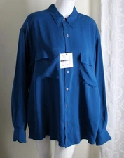 NWT Fenn Wright Mason Sz L XL Oversized 1990s Vintage Silk Blouse PEACOCK BLUE