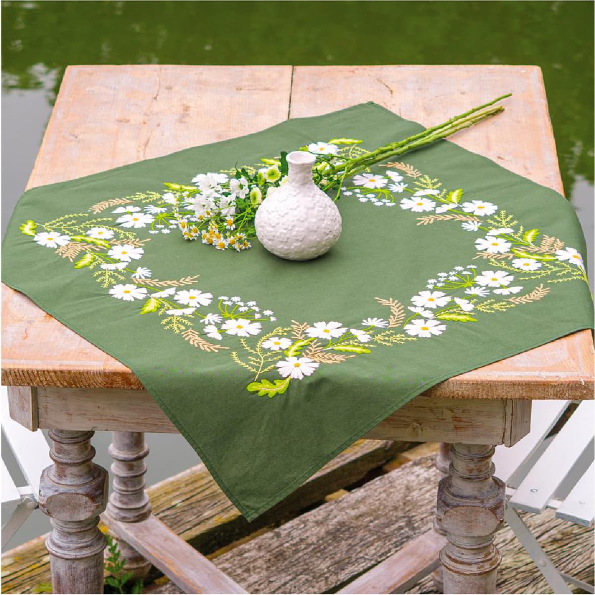 Vervaco stamped satin stitch kit tablechloth ""White floral"", 72x72cm