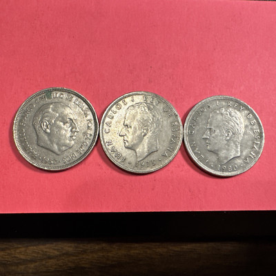 5 Ptas Spain 3 coins ea different type. 1957, 1975 & 1980. Circ condition.