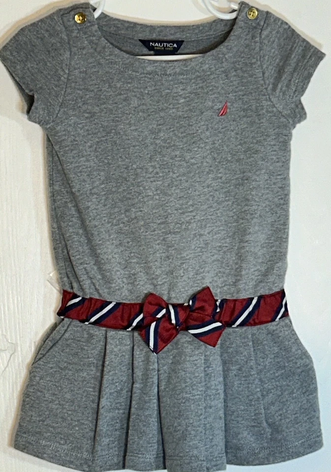 Vestido Nautica Niña Pequeña 3T Manga Corta Gris Terry Francés Rojo Cinta a Rayas Foto 2 de 4