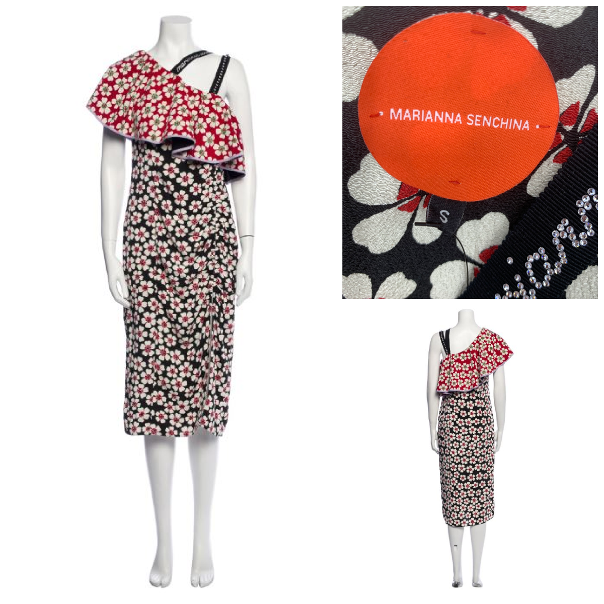 Marianna Senchina Sz S Avant Garde One Shoulder Floral Ruffle Dress Bling  Strap