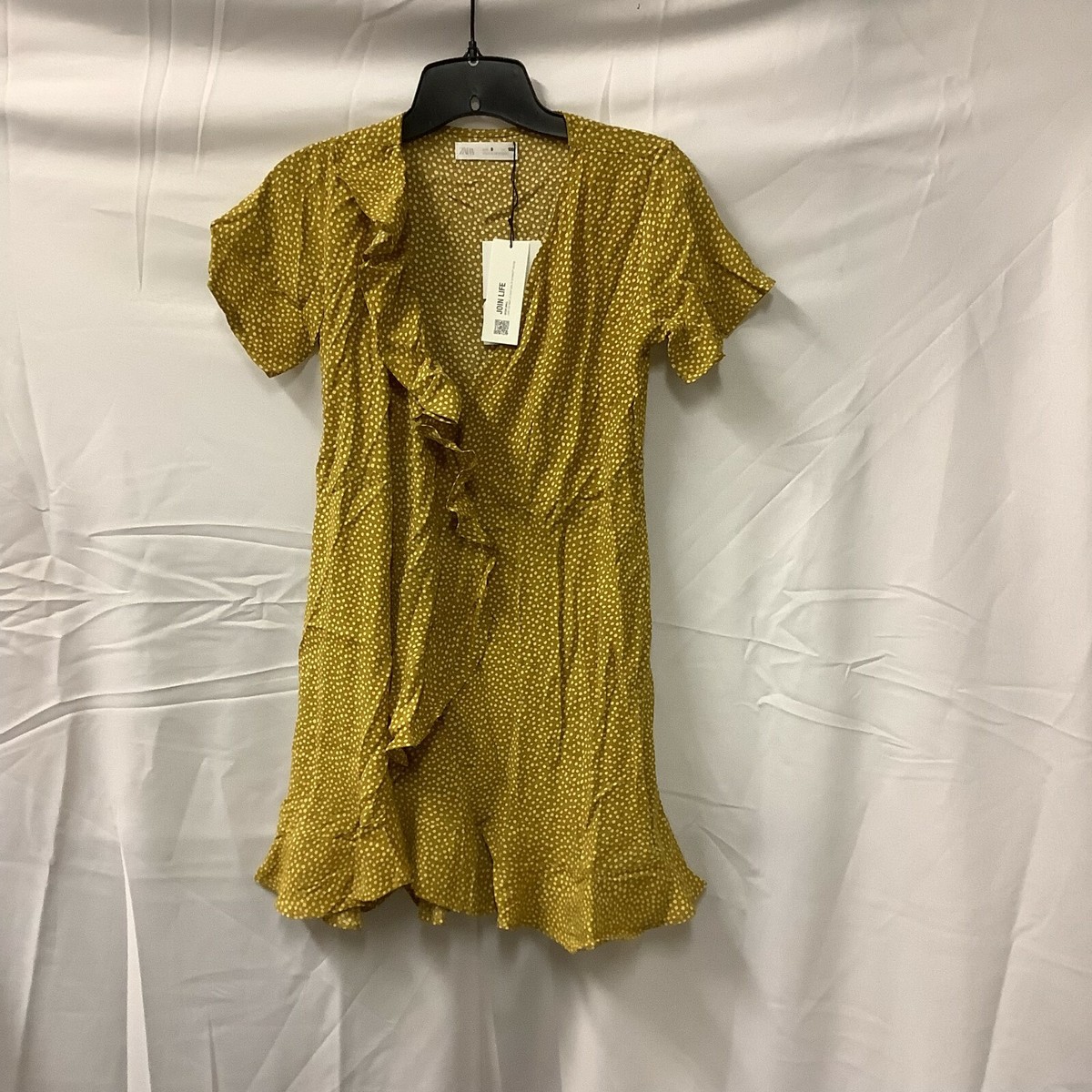 Zara Girls Dress Olive Green Polka Dot Short Sleeves V Neck