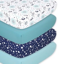 Space 4 Pack Print Solid Microfiber Fitted Crib Sheet Set Blue White
