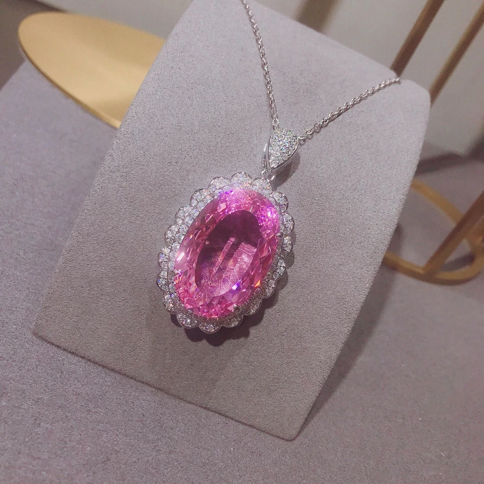 Huge Oval 30*20MM Gorgeous Shiny Natural Pink Topaz Gems Silver Necklace Pendant - Image 2 of 4