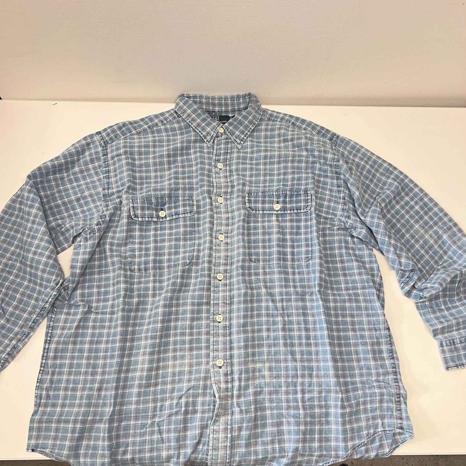 Vintage Ralph Lauren Flannel Shirt Men's XL Blue Whitfield Button Up Plaid