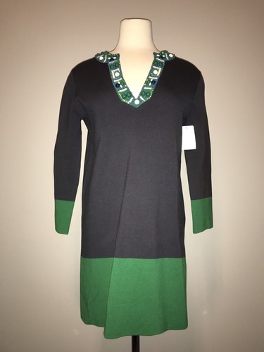 Vestido BCBG Max Azria Bloque de Color Verde y Azul con Acentos de Cuentas, Talla Pequeña