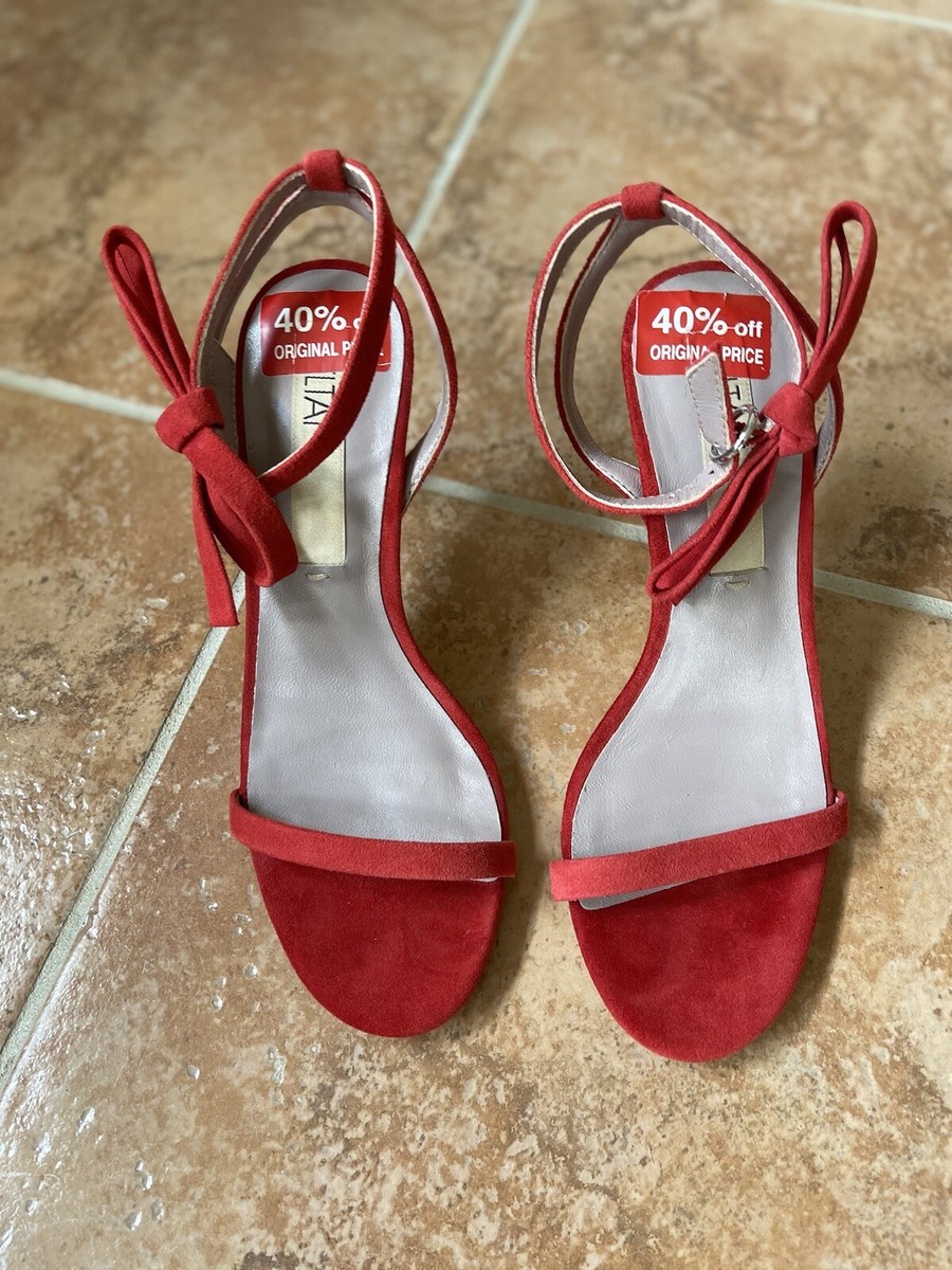 Deltan Miranda Radiant Red Suede Bow Strap 4” Heel Sandals Sample