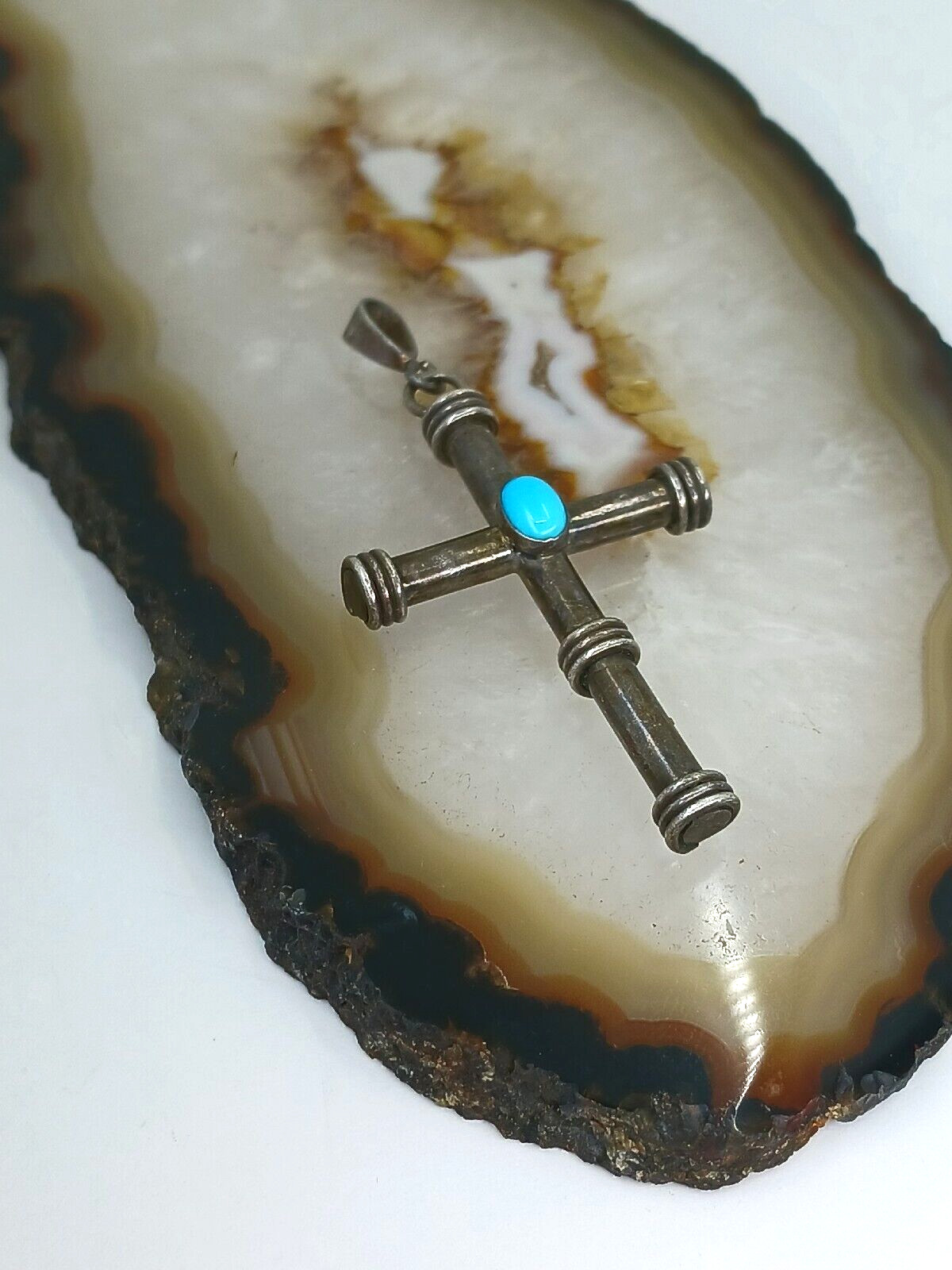 Signed RM Solid Sterling Silver Turquoise CROSS P… - image 8