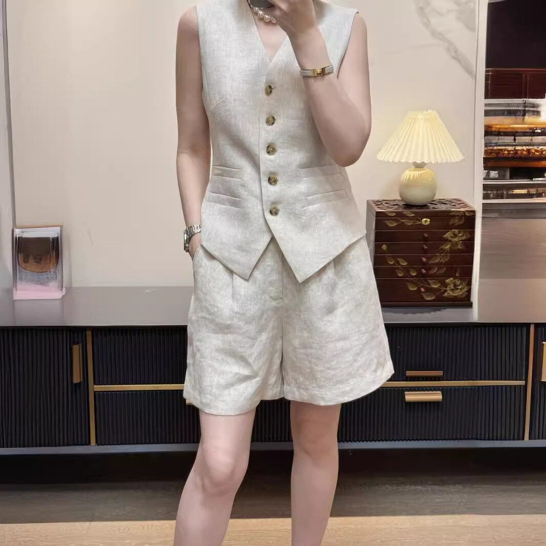 Womens Fashion Linen Suit Summer Sleeveless Vest +wide-leg Shorts