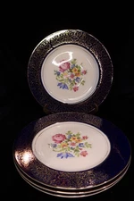 HOMER LAUGHLIN PETIT PAINT FLORAL FILIGREE GOLD ON COBALT BLUE 4 DINNER PLAT 11"